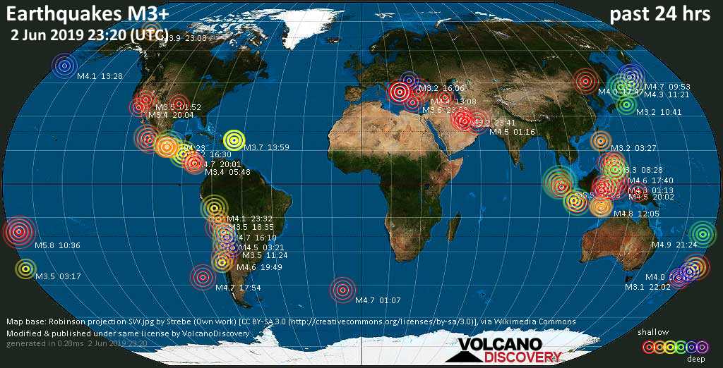 World map showing earthquakes above magnitude 3 during the past 24 hours on  2 Jun 2019