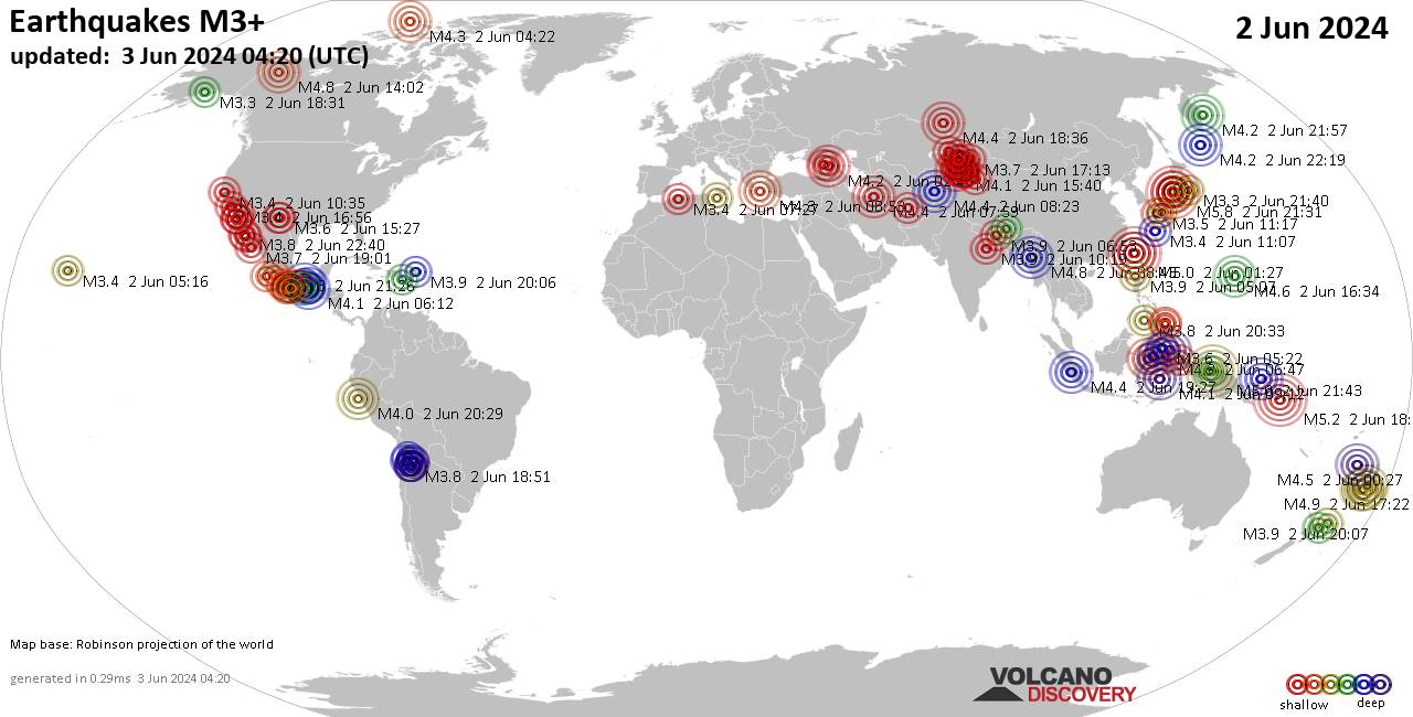 Weltkarte mit Erdbeben über Magnitude 3 während den letzten 24 Stunden past 24 hours am  2. Juni 2024
