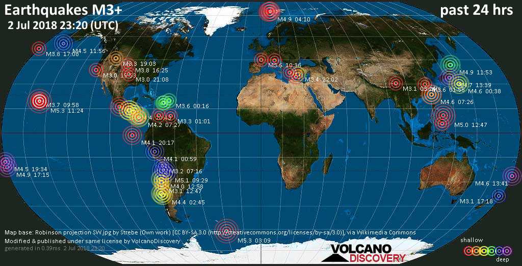 World map showing earthquakes above magnitude 3 during the past 24 hours on  2 Jul 2018