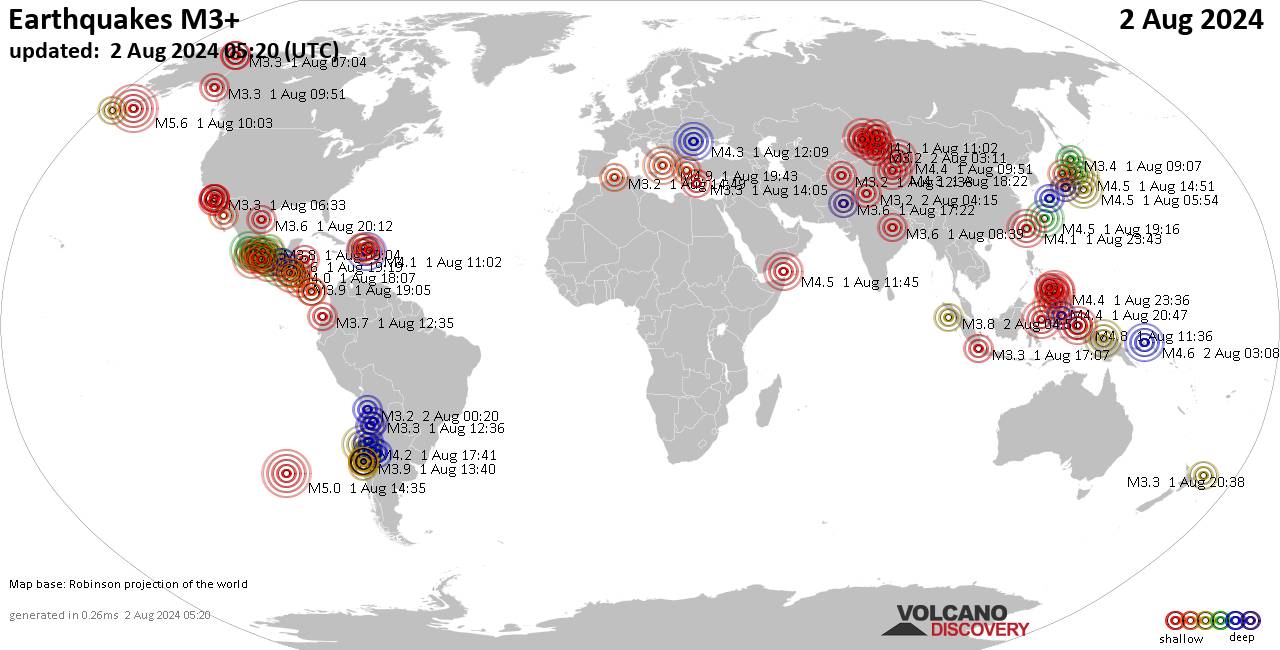 Worldwide earthquakes above magnitude 3 during the past 24 hours on  3 Aug 2024