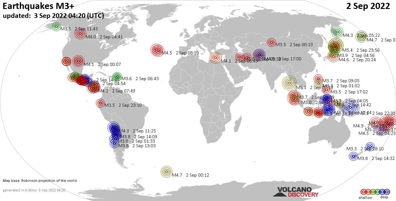 Mappa del mondo che mostra i terremoti sopra la magnitudo 3 nelle ultime 24 ore il  3 settembre 2022