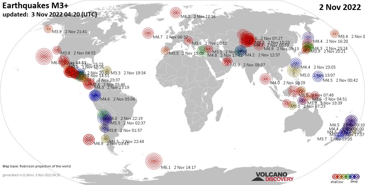 Παγκόσμιος χάρτης που δείχνει σεισμούς άνω των 3 βαθμών στις 2 Νοεμβρίου 2022