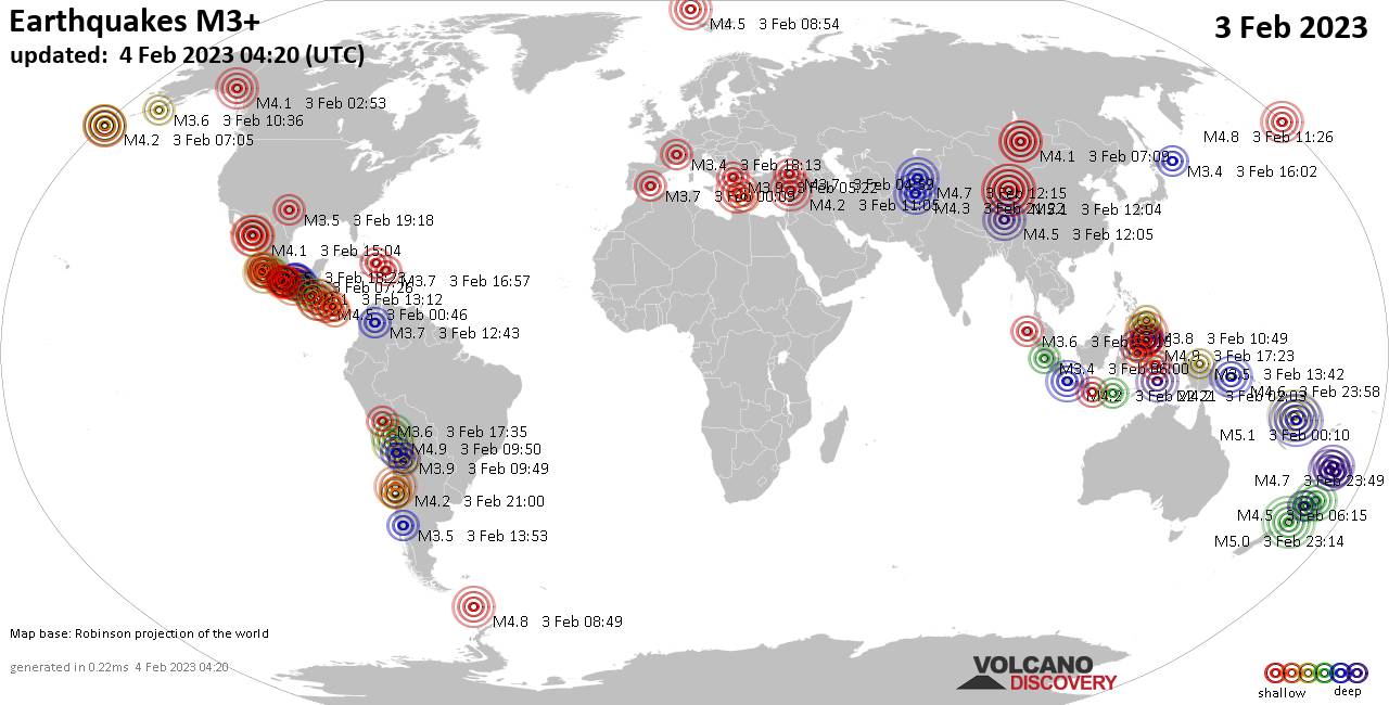 Mappa del mondo che mostra i terremoti sopra la magnitudo 3 nelle ultime 24 ore il  3 febbraio 2023