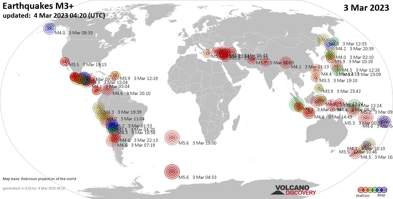 Weltkarte mit Erdbeben über Magnitude 3 während den letzten 24 Stunden past 24 hours am  4. März 2023
