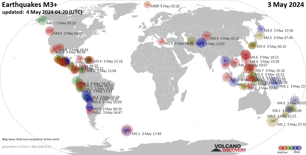 Weltkarte mit Erdbeben über Magnitude 3 während den letzten 24 Stunden past 24 hours am  4. Mai 2024