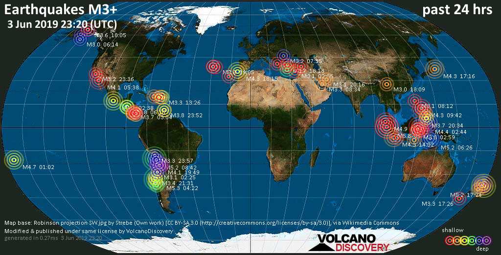World map showing earthquakes above magnitude 3 during the past 24 hours on  3 Jun 2019