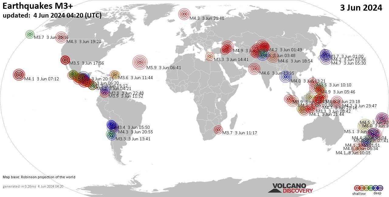 Weltkarte mit Erdbeben über Magnitude 3 während den letzten 24 Stunden past 24 hours am  3. Juni 2024