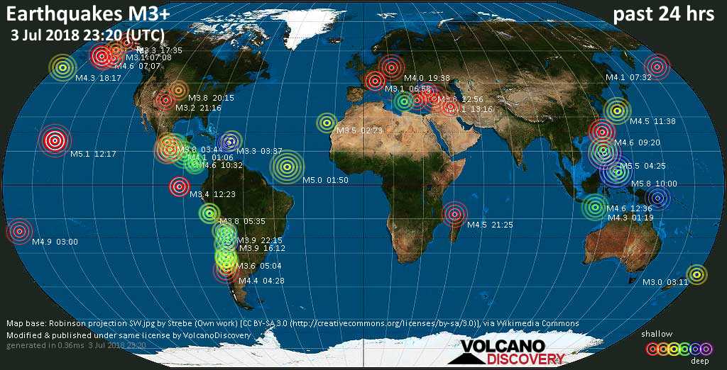 World map showing earthquakes above magnitude 3 during the past 24 hours on  3 Jul 2018