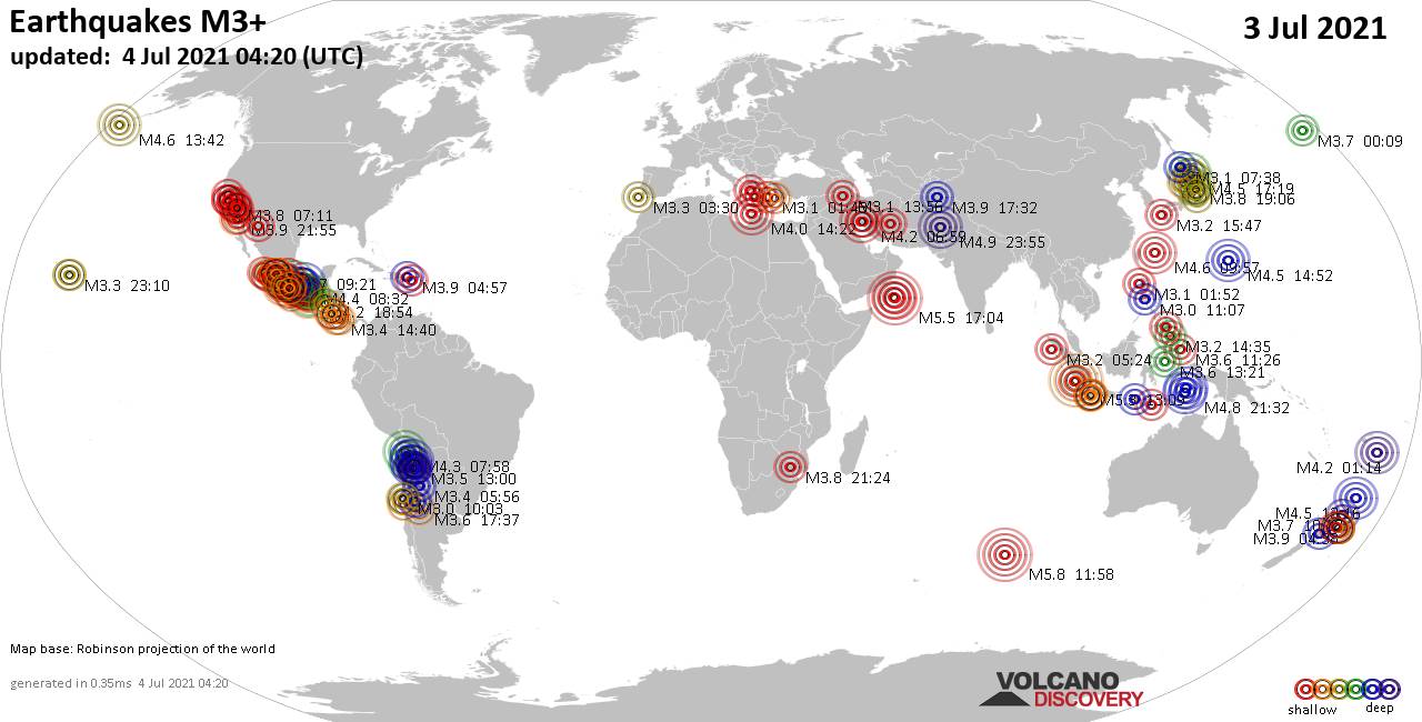 Mapa mundial que muestra terremotos de magnitud 3 en las últimas 24 horas  4 julio 2021
