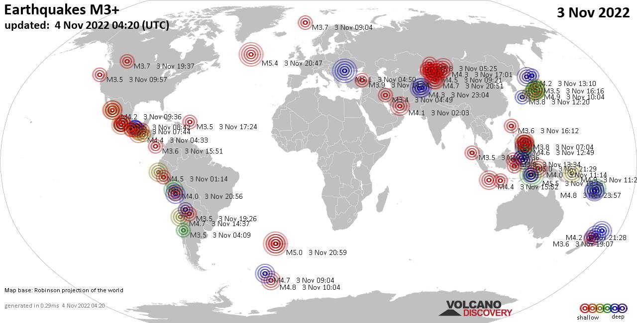 Παγκόσμιος χάρτης που δείχνει σεισμούς άνω των 3 βαθμών στις 3 Νοεμβρίου 2022