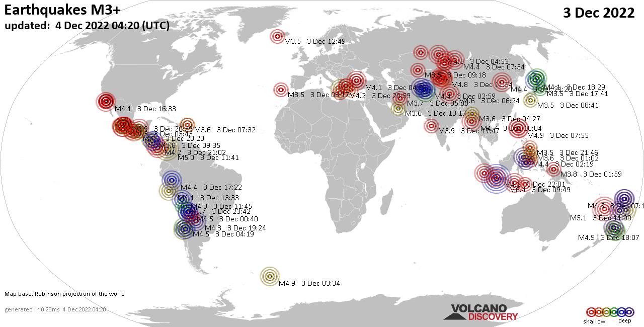 Carte du monde montrant les séismes supérieurs à la magnitude 3 samedi,  3 décembre 2022