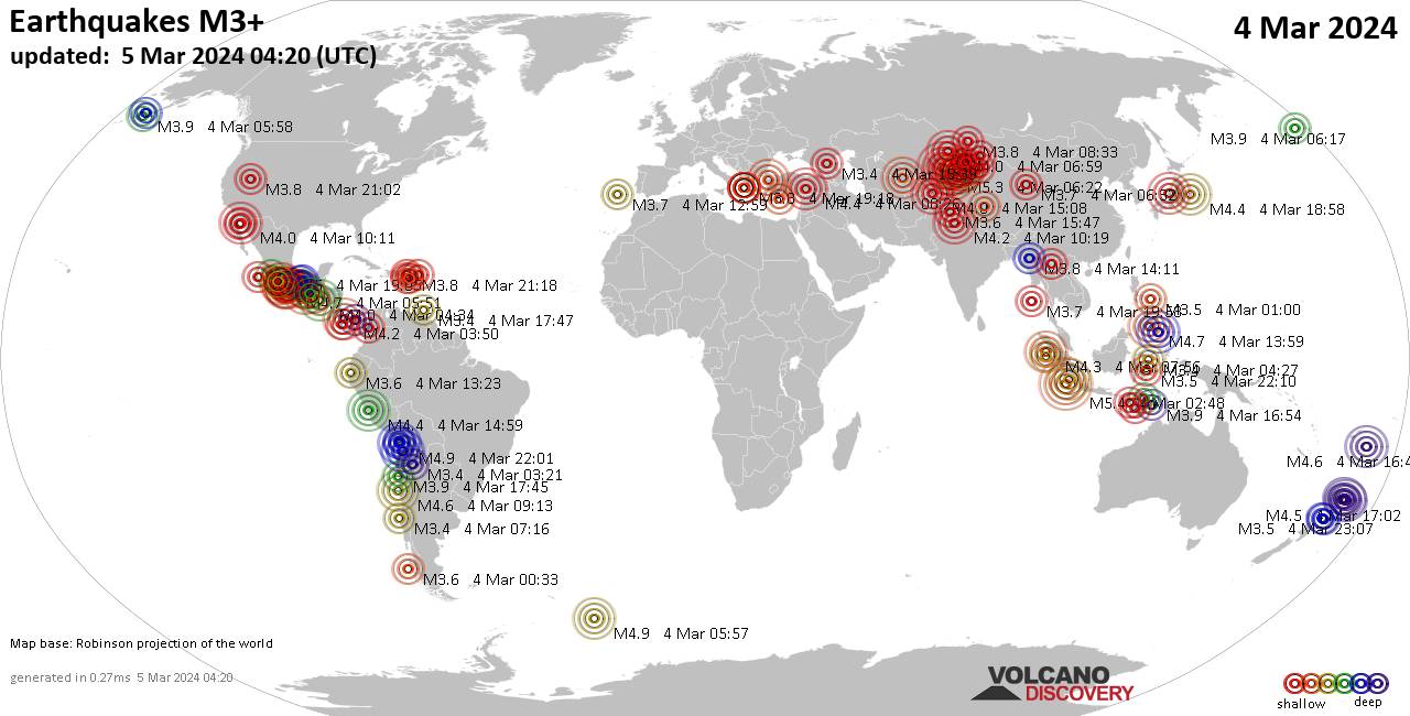 Mapa mundial que muestra terremotos de magnitud 3 en las últimas 24 horas  4 marzo 2024