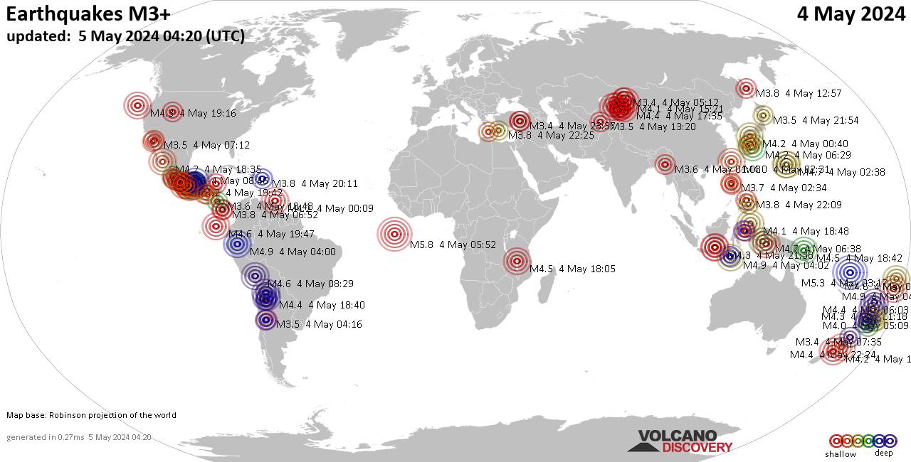 Weltkarte mit Erdbeben über Magnitude 3 während den letzten 24 Stunden past 24 hours am  5. Mai 2024