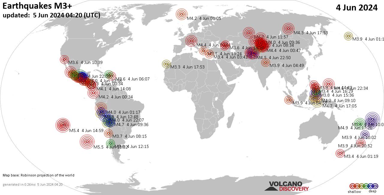Weltkarte mit Erdbeben über Magnitude 3 während den letzten 24 Stunden past 24 hours am  5. Juni 2024