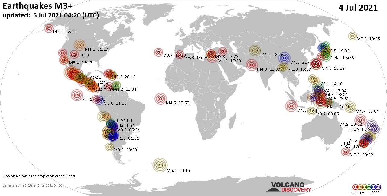 Mapa mundial que muestra terremotos de magnitud 3 en las últimas 24 horas  5 julio 2021