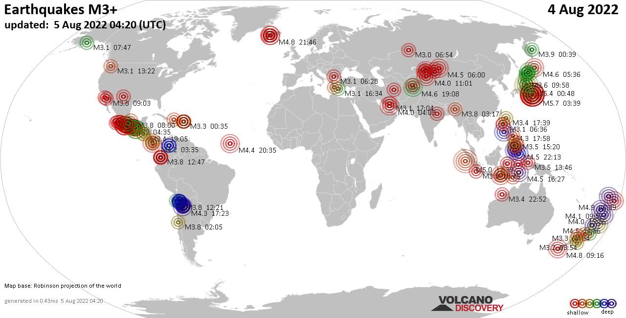 Mappa del mondo che mostra i terremoti sopra la magnitudo 3 nelle ultime 24 ore il  5 agosto 2022