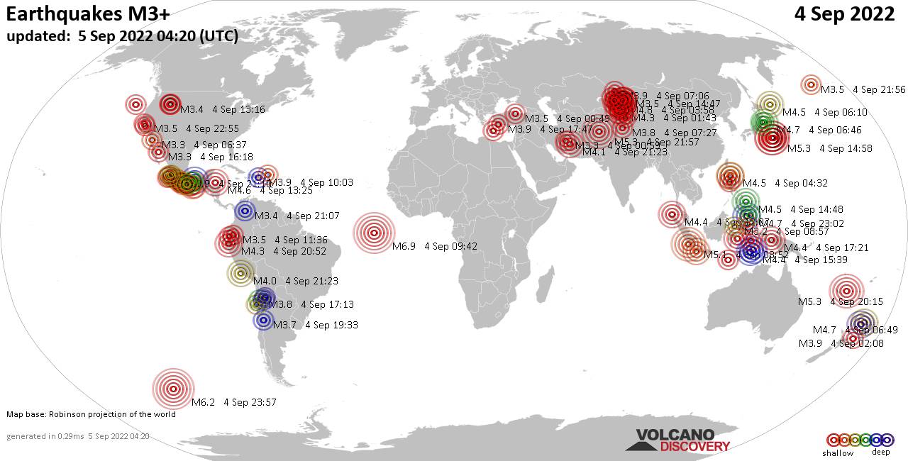 Mappa del mondo che mostra i terremoti sopra la magnitudo 3 nelle ultime 24 ore il  5 settembre 2022