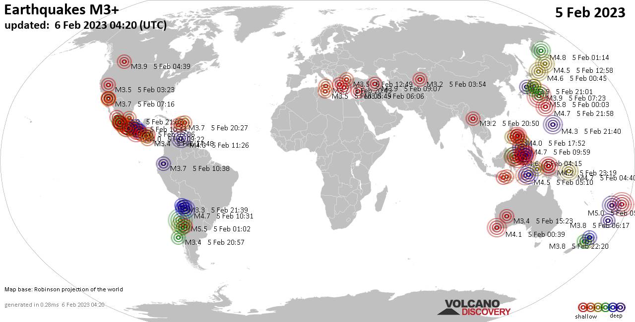 Weltkarte mit Erdbeben über Magnitude 3 während den letzten 24 Stunden past 24 hours am  6. Februar 2023