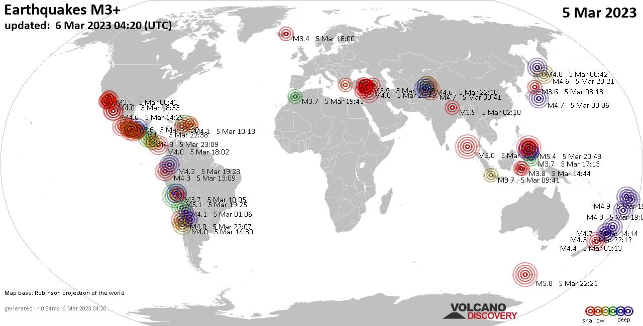 Informe de terremotos en todo el mundo por lunes, 6 de marzo 2023