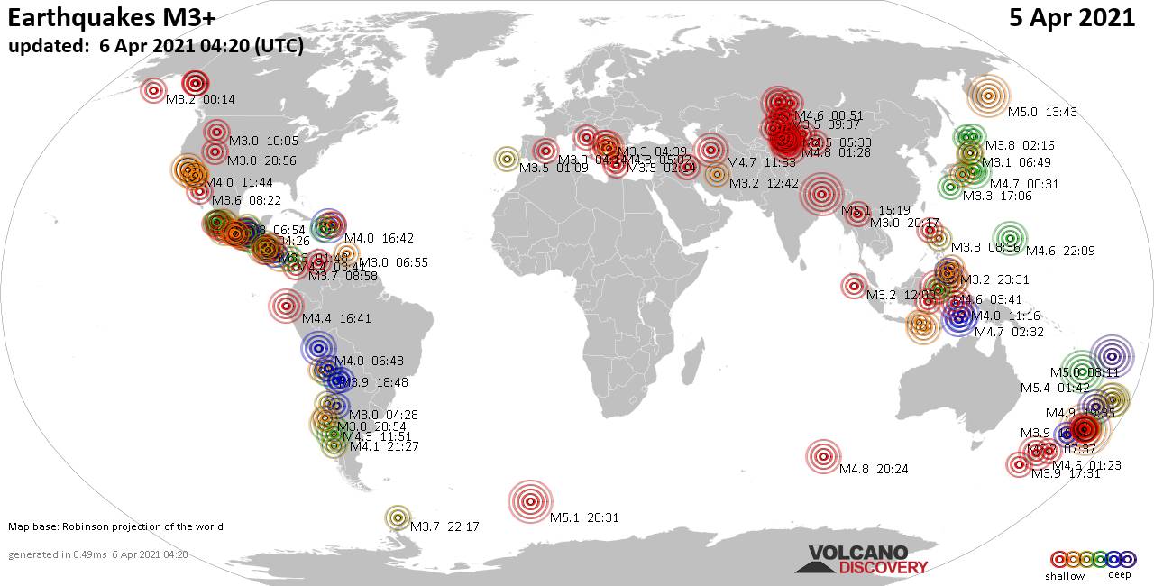 Séismes mondiaux de magnitude supérieure à 3 au cours des dernières 24 heures le 5 avril 2021