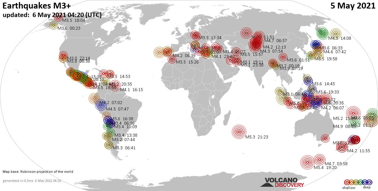 Worldwide earthquakes above magnitude 3 during the past 24 hours on 5 May 2021