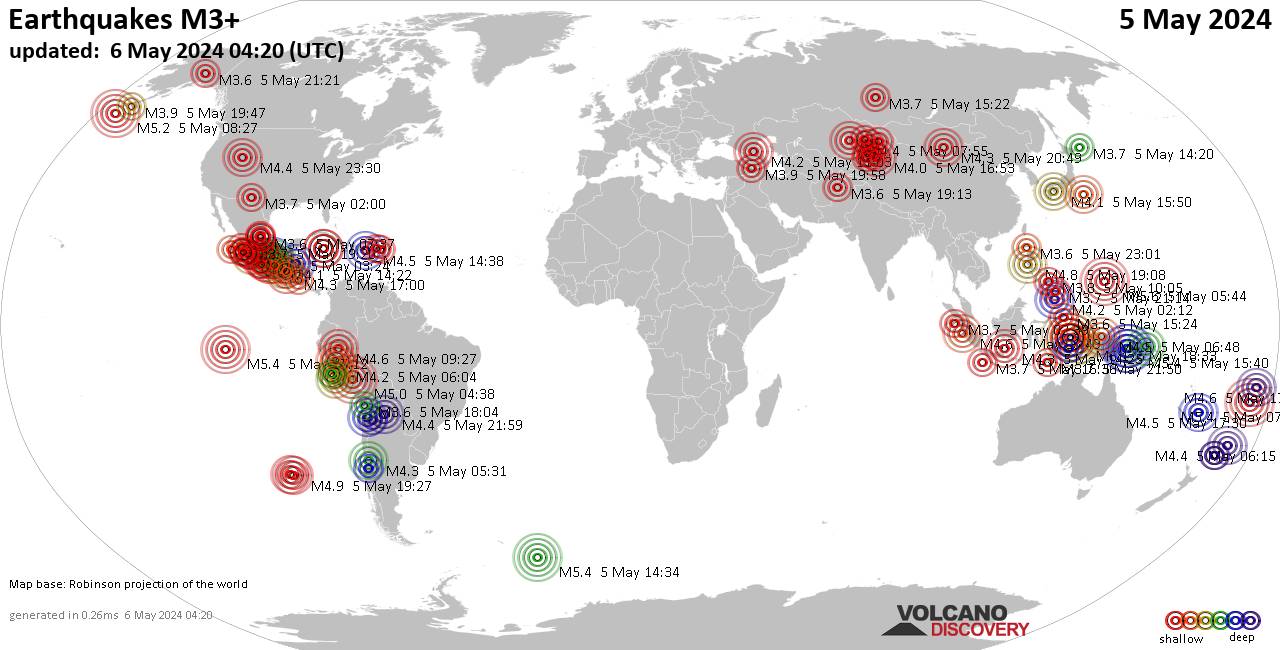 Weltkarte mit Erdbeben über Magnitude 3 während den letzten 24 Stunden past 24 hours am  5. Mai 2024