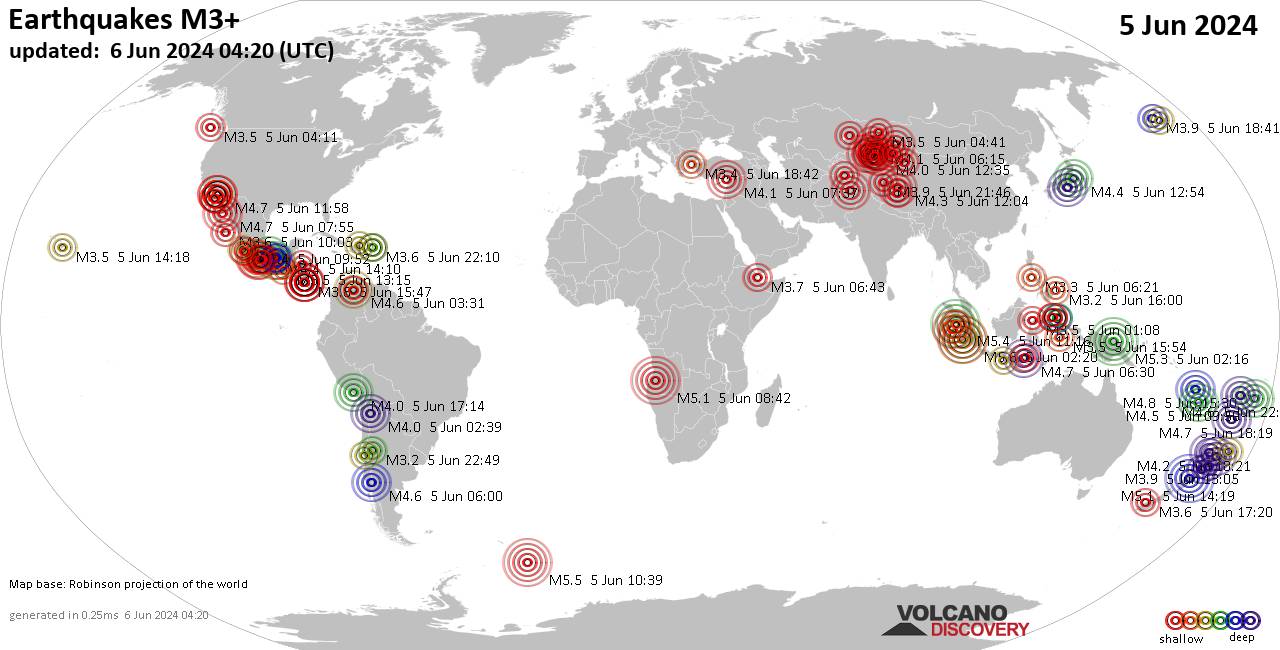 Weltkarte mit Erdbeben über Magnitude 3 während den letzten 24 Stunden past 24 hours am  6. Juni 2024