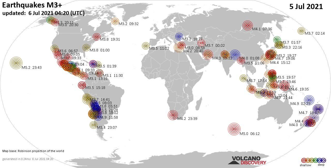 Mapa mundial que muestra terremotos de magnitud 3 en las últimas 24 horas  6 julio 2021