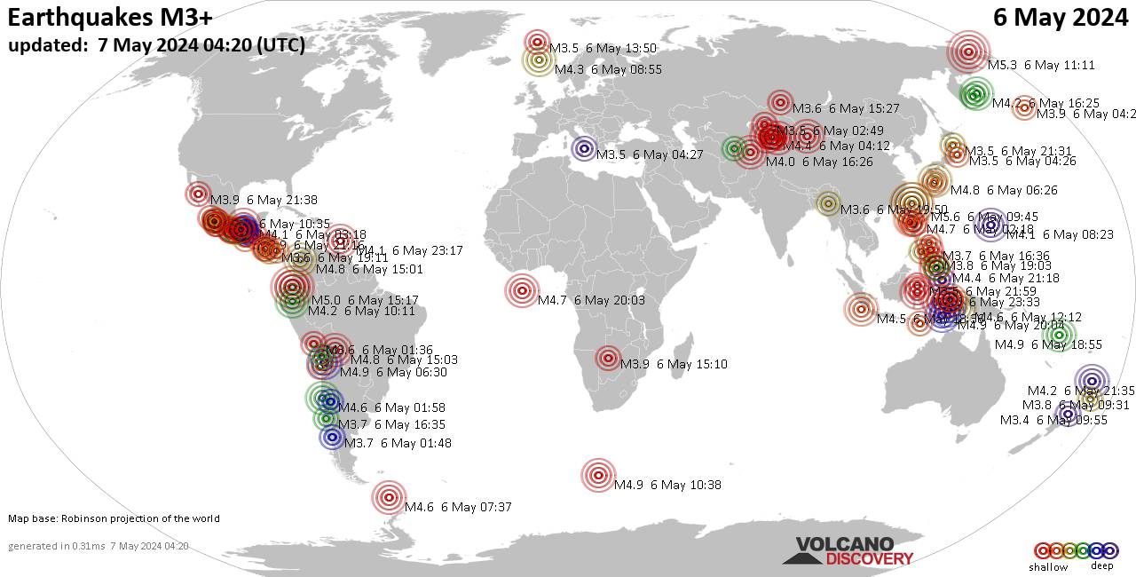 Carte du monde montrant les séismes supérieurs à la magnitude 3 lundi,  6 mai 2024