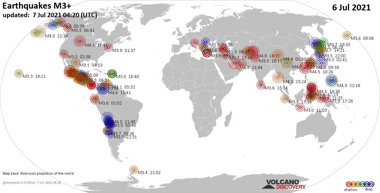 Mapa mundial que muestra terremotos de magnitud 3 en las últimas 24 horas  7 julio 2021