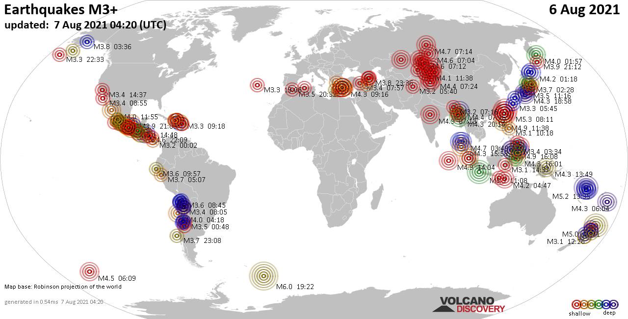 Mappa del mondo che mostra i terremoti sopra la magnitudo 3 nelle ultime 24 ore il  6 agosto 2021