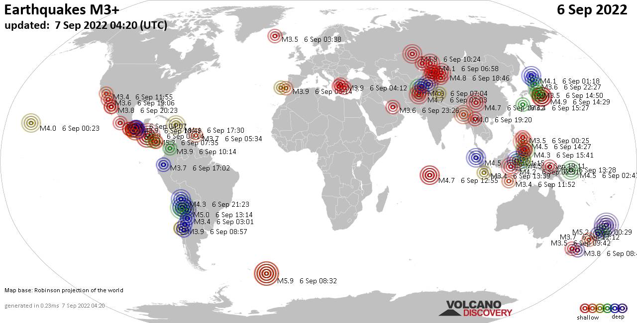 Mapa mundial que muestra terremotos de magnitud 3 en las últimas 24 horas  7 septiembre 2022