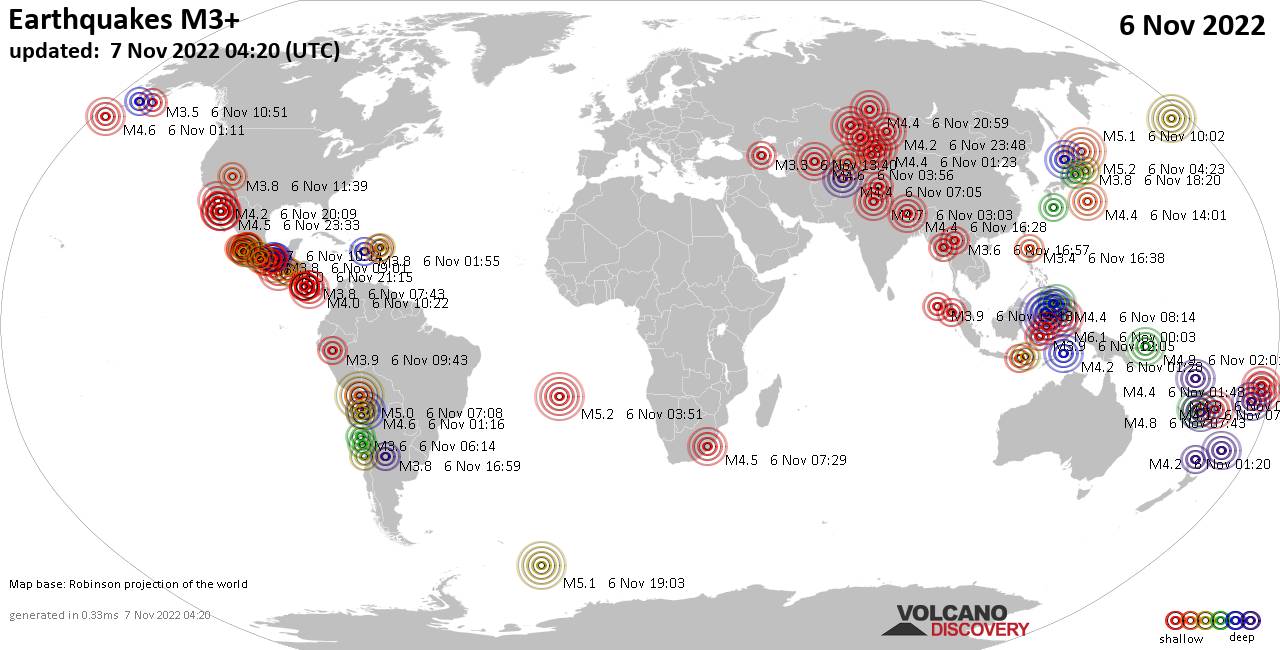 Παγκόσμιος χάρτης που δείχνει σεισμούς άνω των 3 βαθμών στις 6 Νοεμβρίου 2022