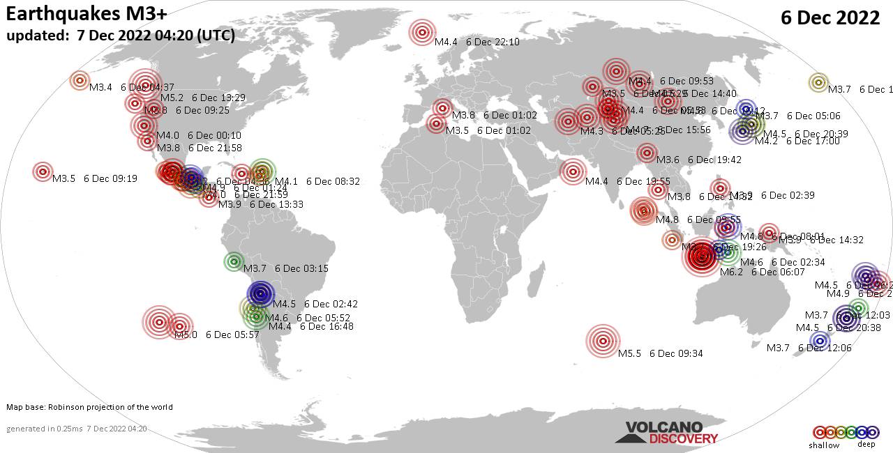 Mappa del mondo che mostra i terremoti sopra la magnitudo 3 nelle ultime 24 ore il  7 dicembre 2022
