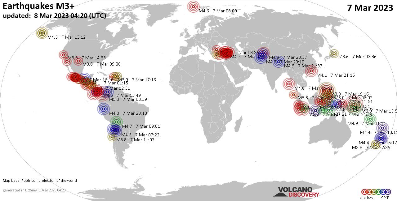 Weltkarte mit Erdbeben über Magnitude 3 während den letzten 24 Stunden past 24 hours am  8. März 2023