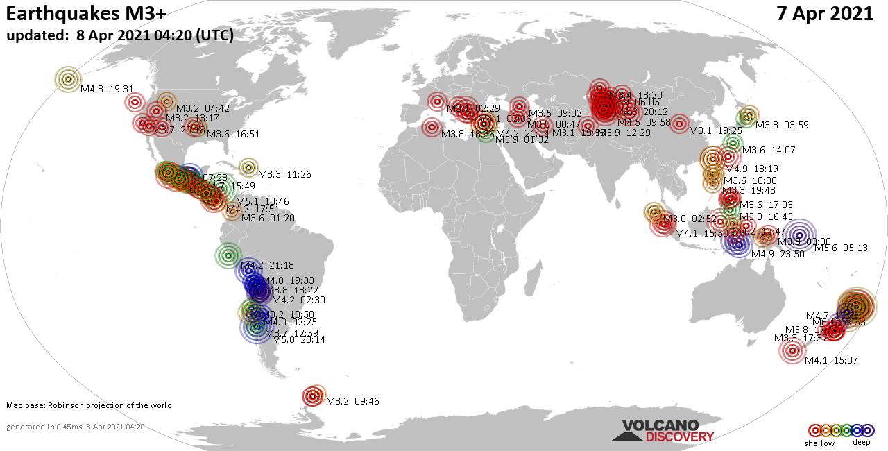 Mapa mundial que muestra terremotos de magnitud 3 en las últimas 24 horas  8 abril 2021