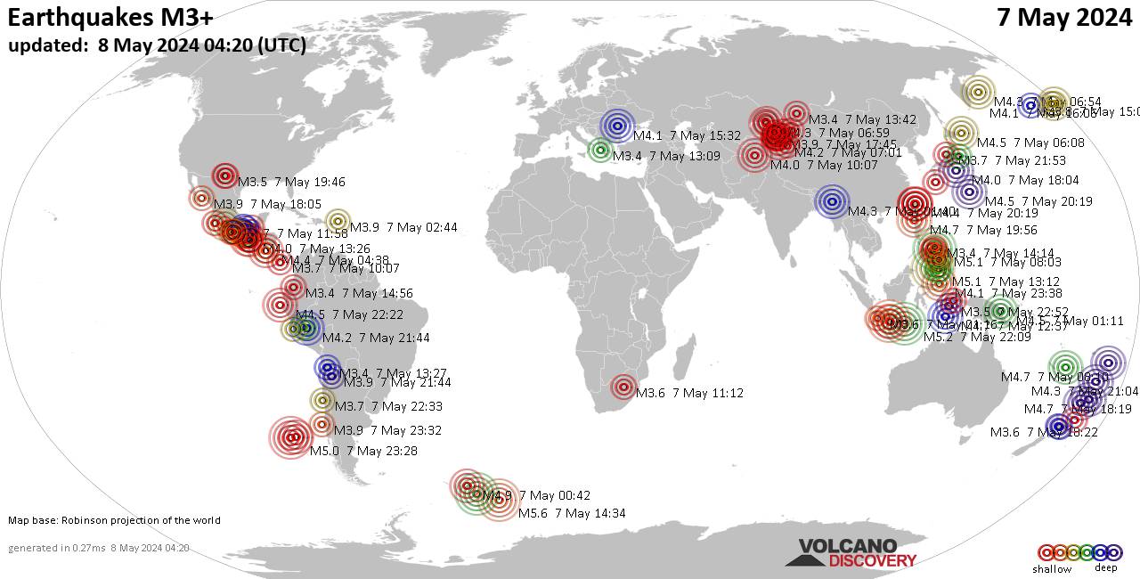 Weltkarte mit Erdbeben über Magnitude 3 während den letzten 24 Stunden past 24 hours am  7. Mai 2024