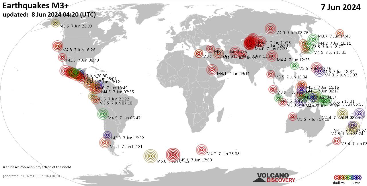 Weltkarte mit Erdbeben über Magnitude 3 während den letzten 24 Stunden past 24 hours am  7. Juni 2024