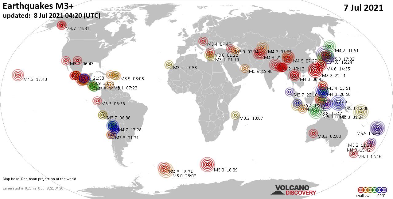 Mapa mundial que muestra terremotos de magnitud 3 en las últimas 24 horas  8 julio 2021