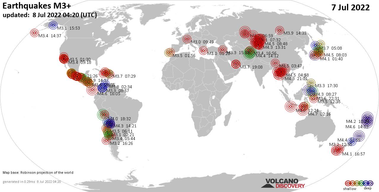 Mappa del mondo che mostra i terremoti sopra la magnitudo 3 nelle ultime 24 ore il  7 luglio 2022