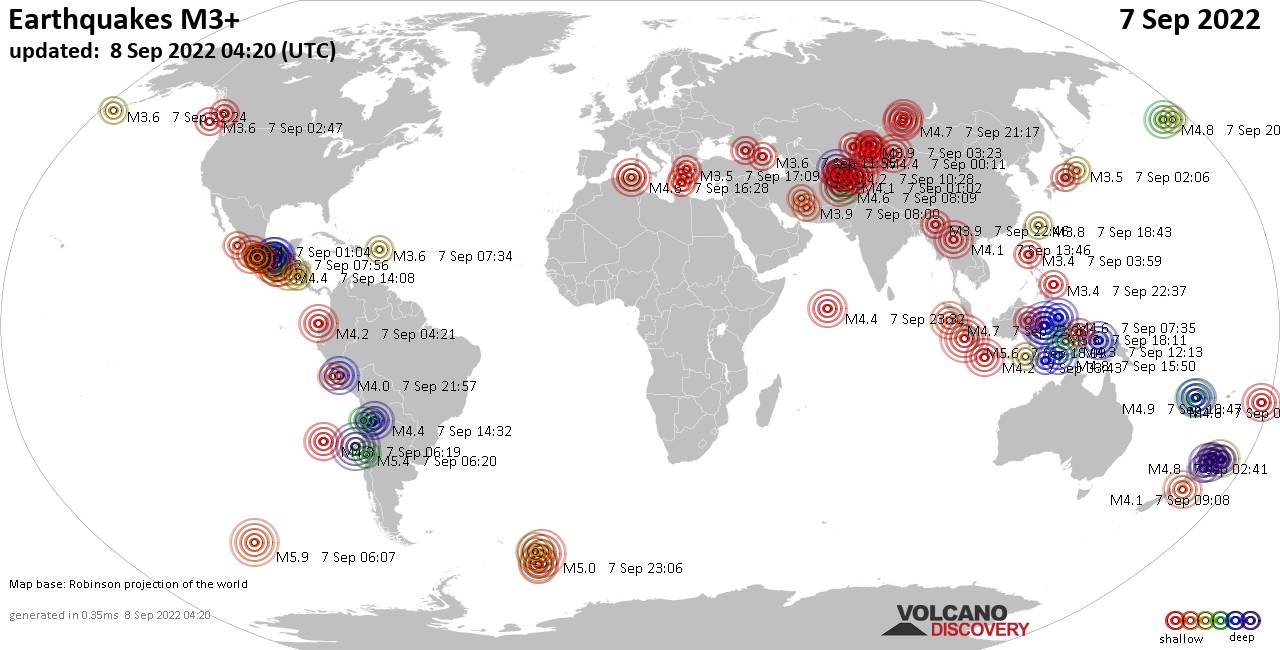 Mappa del mondo che mostra i terremoti sopra la magnitudo 3 nelle ultime 24 ore il  8 settembre 2022