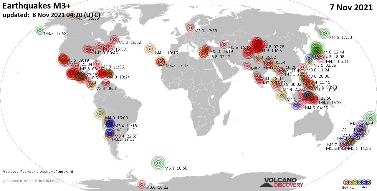 Worldwide earthquakes above magnitude 3 during the past 24 hours on 7 Nov 2021