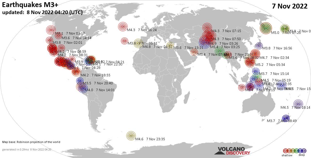 Παγκόσμιος χάρτης που δείχνει σεισμούς άνω των 3 βαθμών στις 7 Νοεμβρίου 2022