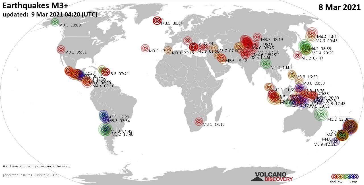 Worldwide earthquakes above magnitude 3 during the past 24 hours on 8 Mar 2021