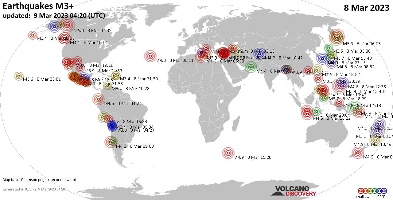 Weltkarte mit Erdbeben über Magnitude 3 während den letzten 24 Stunden past 24 hours am  9. März 2023