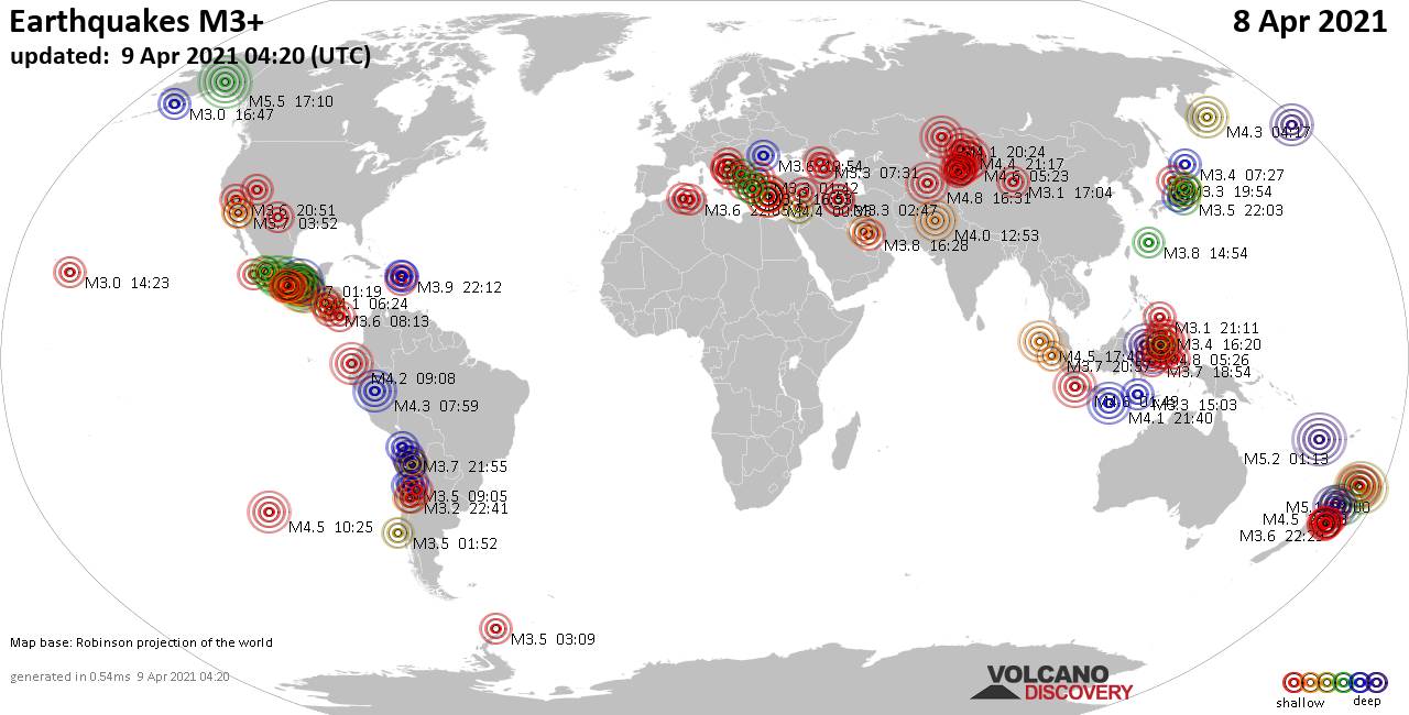 Mapa mundial que muestra terremotos de magnitud 3 en las últimas 24 horas  9 abril 2021