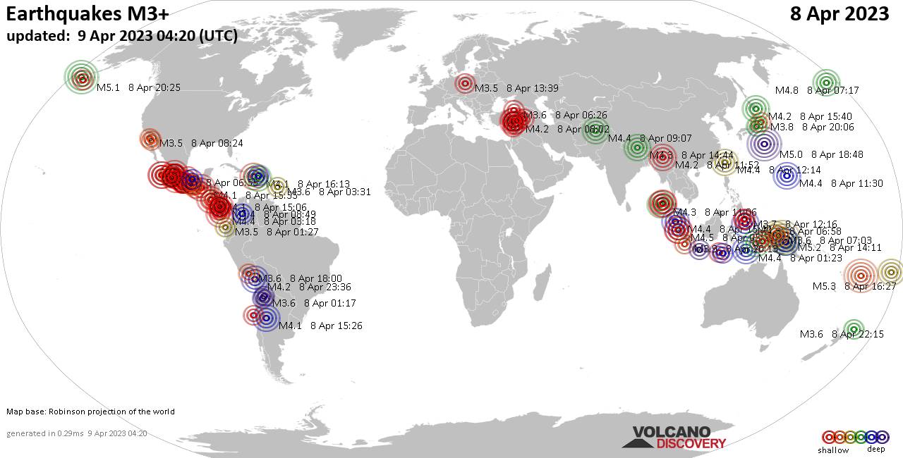 Worldwide earthquakes above magnitude 3 during the past 24 hours on 8 Apr 2023