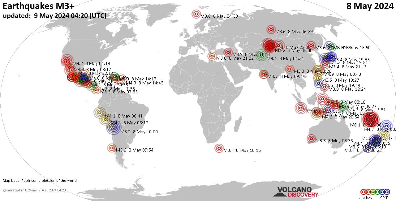 Weltkarte mit Erdbeben über Magnitude 3 während den letzten 24 Stunden past 24 hours am  9. Mai 2024