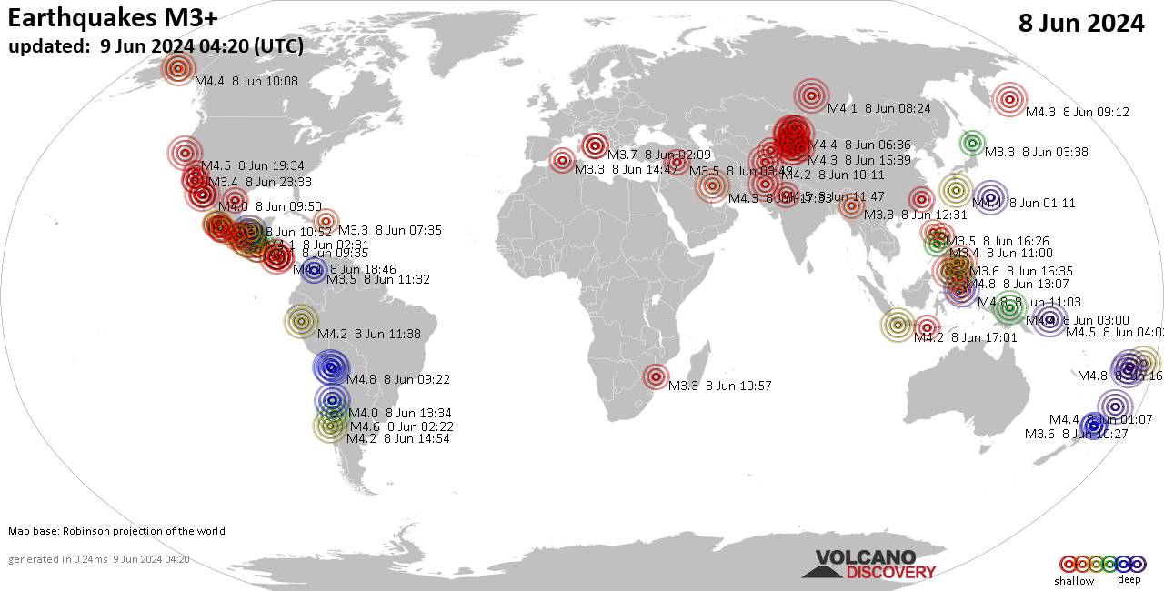 Weltkarte mit Erdbeben über Magnitude 3 während den letzten 24 Stunden past 24 hours am  8. Juni 2024