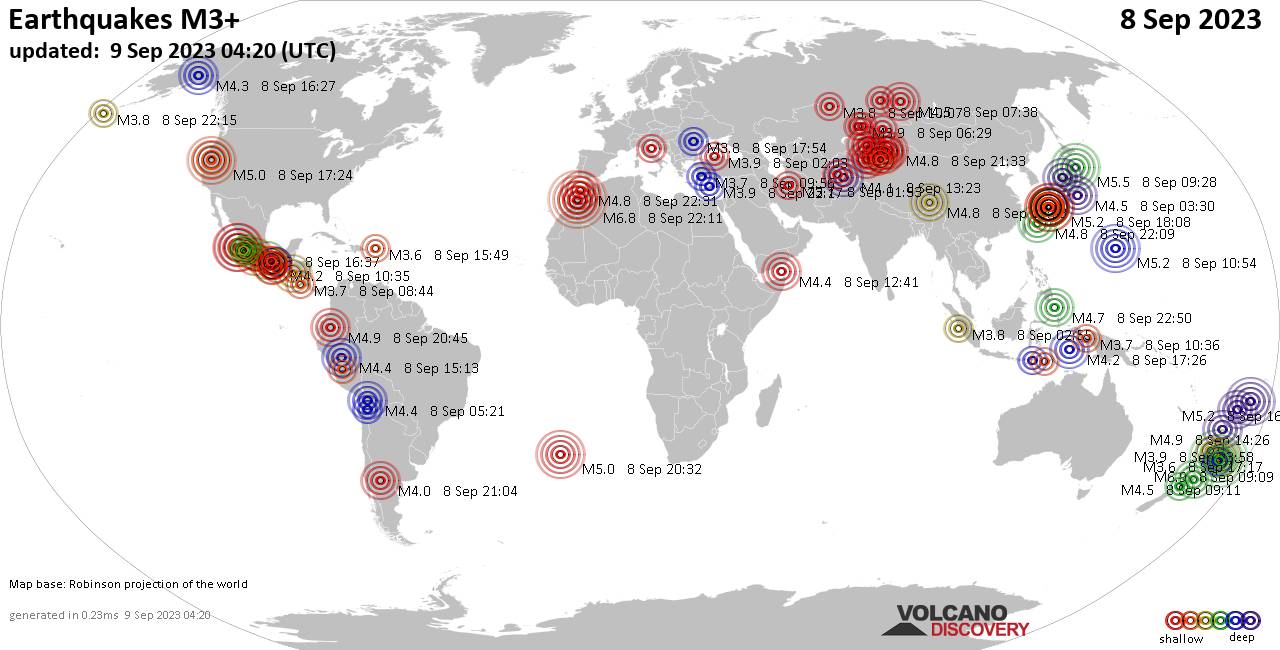 Worldwide earthquakes above magnitude 3 during the past 24 hours on 9 Sep 2023